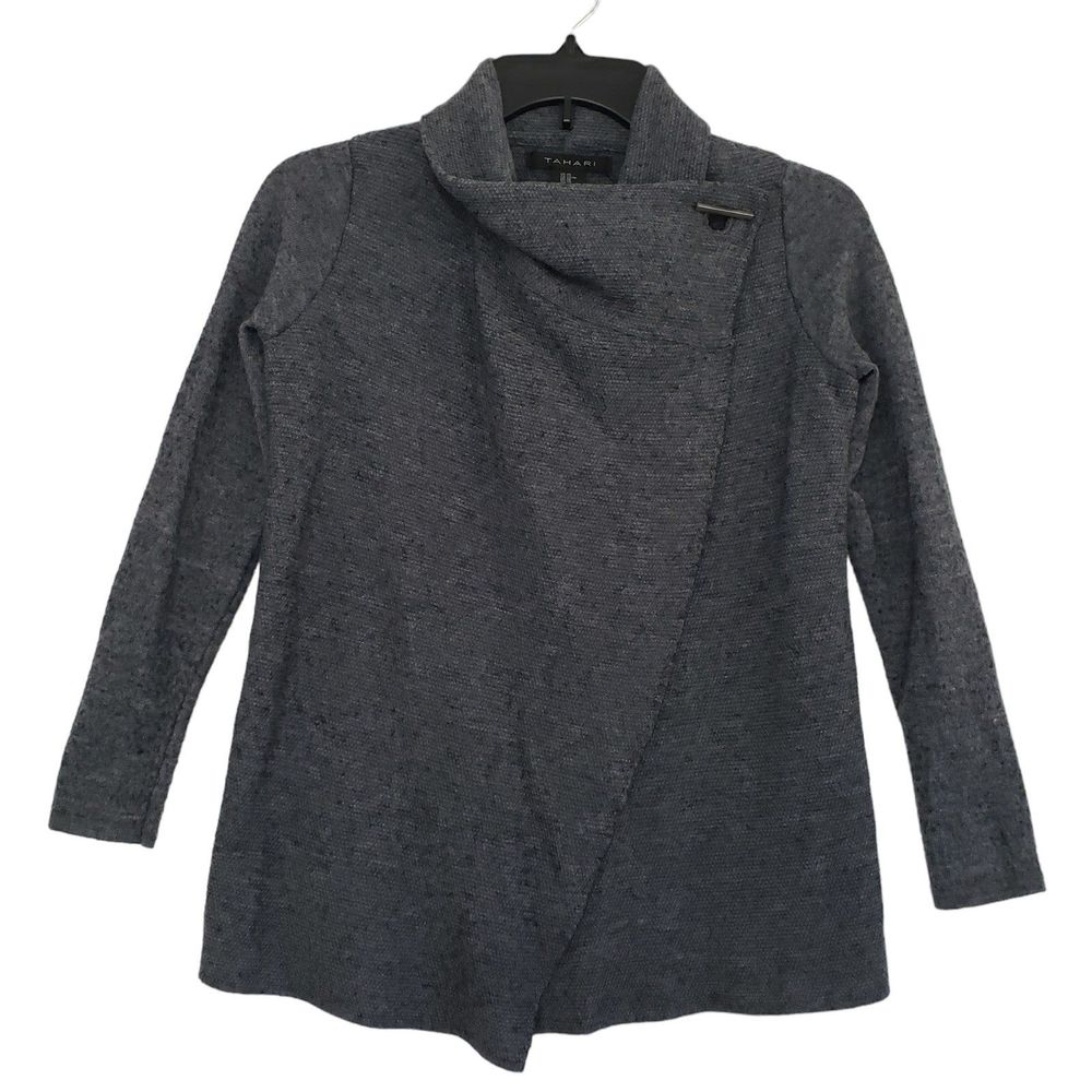 Tahari Women's XS Merino Wool Blend Grey Cardigan Crossover Waffle Knit Sweater